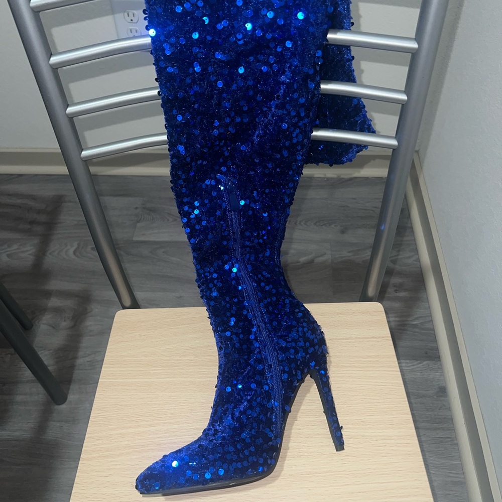 AKIRA Sparkling Blue Sequin Heeled Boots